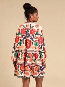 Travachic Printed Loose Smock Dress, Long Sleeve,Mexican Women Dresses,Vacation Casual Dress,Summer Dresses For Women