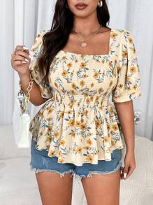 Flirla Plus Size Women's Summer Ditsy Floral Print Puff Sleeve Peplum Blouse - Multicolor - View 3