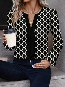 SHEIN Clasi Blusa de mujer con cuello de ojo de cerradura, manga farol y estampado geométrico