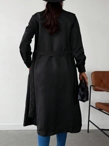 Solid Double Breasted Lapel Neck Belted Trench Coat - Black - View 2