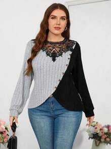 SHEIN Clasi Plus Size Autumn Fashionable Contrast Color Lace Collar T-Shirt