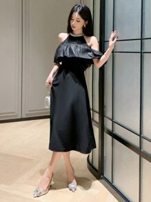DAZY 1pc Women's Mid-Length Ruffled Collar Off-Shoulder Patchwork Dress Prom Dress Sundress