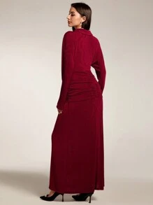 Modelyn 女士纯色 V 领长袖褶皱简约休闲连衣裙长款晚礼服