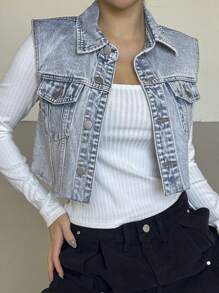 DAZY 女士超短磨边牛仔背心 - 淺色水洗藍 - 查看 2