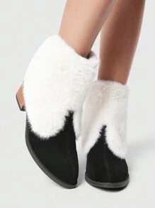 ROMWE Goth European & American Style White Fuzzy Boots, Side Zipper Pointed Toe Western Boots, Furry Boots, Ladies Ankle Boots And Short Boots