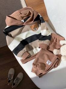 SHEIN Young Boys Casual Loose Comfortable Versatile Cute Plush Bear Patch Striped Pattern Hoodie & Pants Set - Khaki - View 3