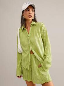 SHEIN Essnce Ladies' Solid Color Pleated Two-Piece Set - Green - View 2