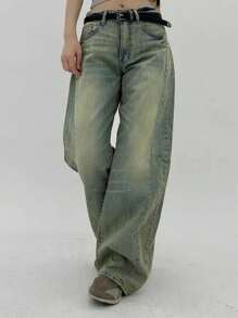 DAZY Quần Jeans Ống Thẳng Rộng, Co Giãn, Đã Giặt Cho Nữ, Quần Jeans Rộng, Quần Jeans Rộng Cho Mọi Mùa - Rửa nhẹ - Xem 5