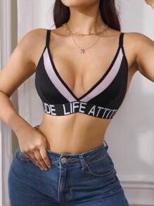 EasyFave Women's Solid Color Splicing Letter Pattern Detail Simple Casual Bra