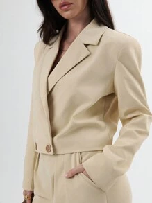 SHEIN Unity Stylish Lapel Long Sleeve Cropped Blazer With Button Detail - Apricot - View 4