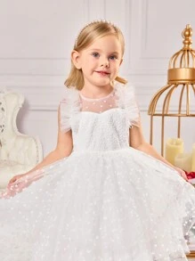 SHEIN Fern Glow  Young Girl Sweet Ruffle Hem Sleeveless White Organza Summer Dress