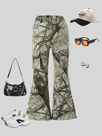 Pantalones cargo con vuelo de estilo camuflaje de moda callejera de varios bolsillos para niñas preadolescentes