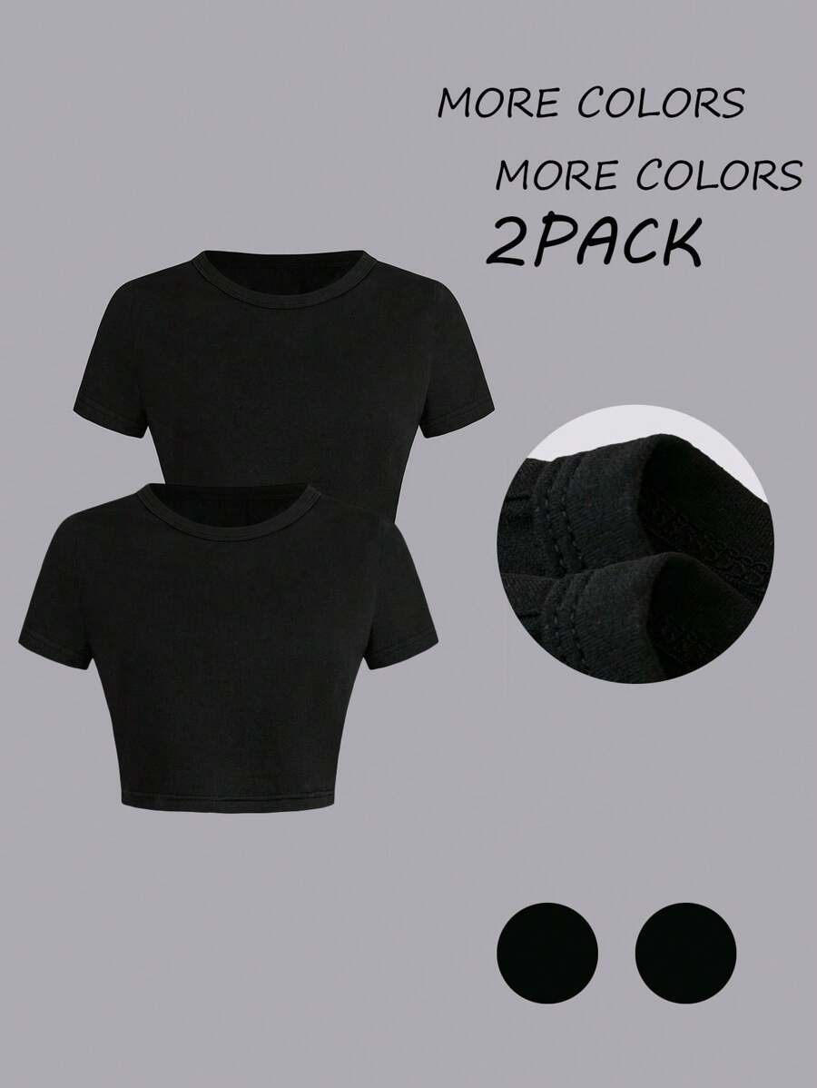 SHEIN Unity 2 件黑白短款 T 恤套装,纯色简约时尚休闲日常穿着 - 黑色 - 查看 1