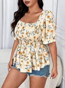Flirla Plus Size Women's Summer Ditsy Floral Print Puff Sleeve Peplum Blouse - Multicolor - View 5