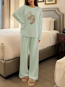 DAZY Cat Print Polka Dot Loose Pajama Set - Green - View 3