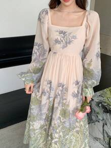 DAZY Robe midi à manches lanternes, col carré et imprimé floral complet pour femmes, volants