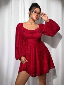 SHEIN ICON Icon Plus Size 女式红色摆领灯笼袖连衣裙，圣诞装，安哥拉红色 - 紅色 - 查看 1