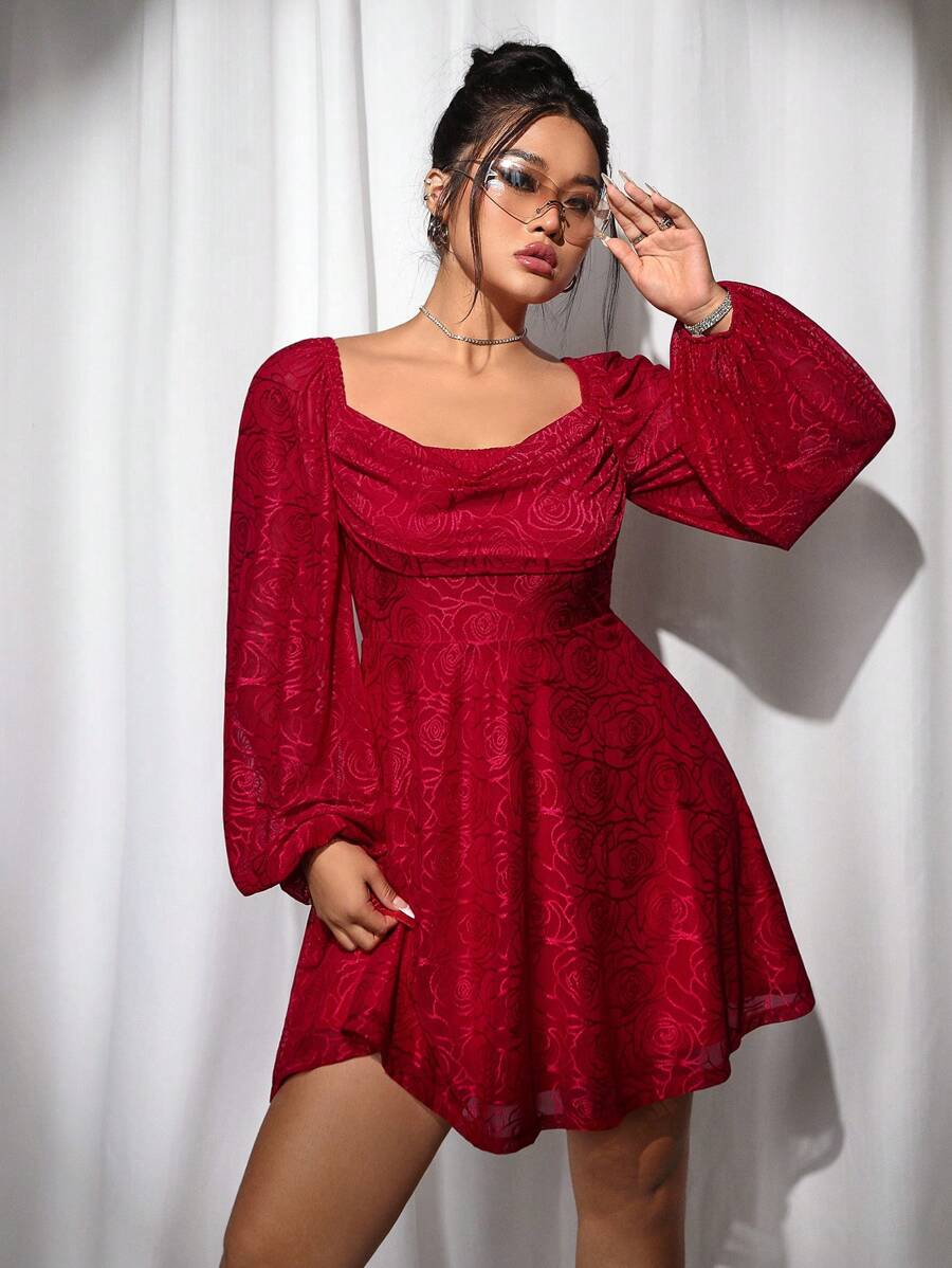 SHEIN ICON Icon Plus Size 女式红色摆领灯笼袖连衣裙,圣诞装,安哥拉红色 - 紅色 - 查看 1