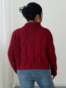 Calvaya Plusstorlek Dam Casual Enfärgad Twist Repe Polotröja Kort Tröja, Höst/Vinter Stickad Tröja - Bourgogne - Visa 5
