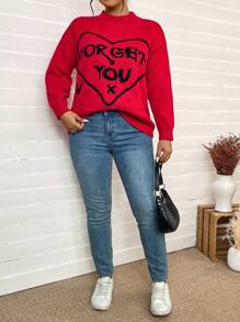 Calvaya Femmes grande taille Pull décontracté à manches longues avec motif cœur et pêche pour l'automne/l'hiver, convient pour le pull tricoté de la Saint-Valentin - Rouge - Voir 4