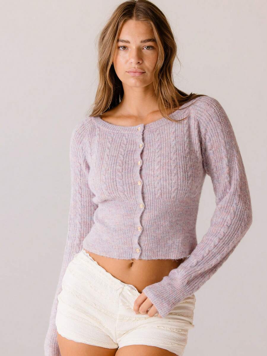 Aralina Cozy Knit Button-Up Classic Cable Off Shoulder Cardigan Sweater - Dusty Purple - View 1