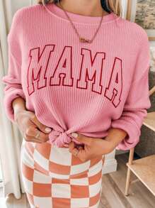 SHEIN Bubbli Felpa oversize ricamata e stampata "MAMA" per donna, adatta per autunno/inverno, laurea, ritorno a scuola, insegnanti - Rosa - Visualizzare 4