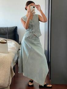 Livesso Women's Front Button Sleeveless Denim Vest And Mini Skirt Set - Light Wash - View 1