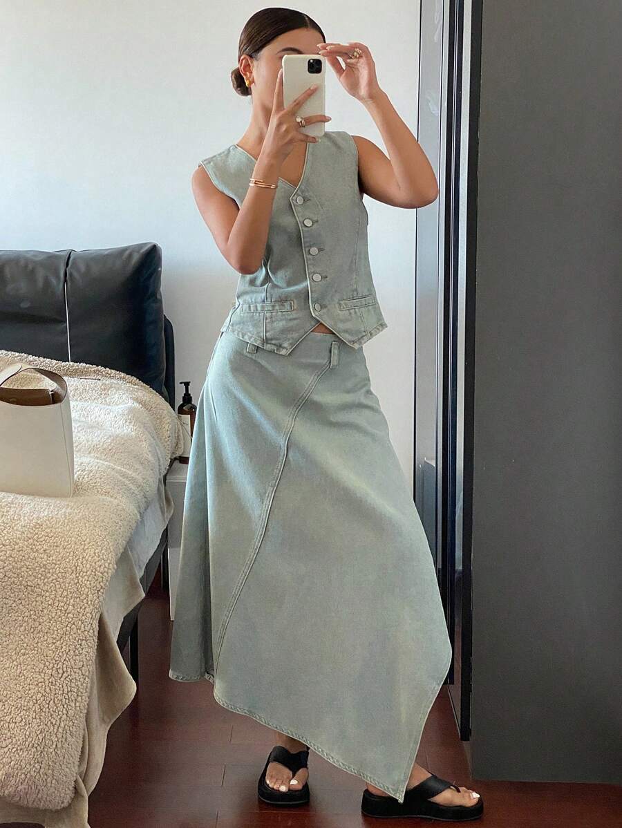 Livesso Women's Front Button Sleeveless Denim Vest And Mini Skirt Set - Light Wash - View 1