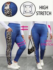 SHEIN LUNE Plus Size Women Denim Effect Print High Waist Casual Leggings, Versatile For Autumn/Winter Holiday Outfit New Years Women Outfit Jogging Suits For Women Spring Summer Clothes Casual For Daily Wear Women Stretchy Knitted High Waist Skinny Leggings, Casual, Outdoor Sports, Yoga, Stretchable Lift Up Leggings, Suitable For Sports And Yoga