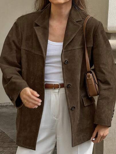 INAWLY Women's Casual Vintage Faux Suede Loose Minimalist Long Sleeve Velvet Blazer, Regular Jacket For Autumn/Winter Fall Cloth For Women