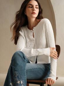 Anewsta Ladies' Grey Cable Crystal Embellished Knitted Cardigan