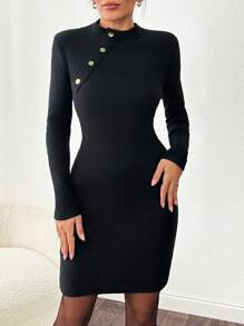 EURMUSE Asymmetrical Gold Button Designed Black Long Sleeve Turtle Neck Midi Dress - Black - View 5