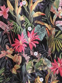 Tween Boy Casual Vacation Leaf Print Turndown Collar Short Sleeve Shirt, Suitable For Summer Vacation