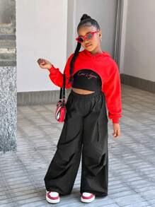 SHEIN Conjunto de 3 piezas para niñas preadolescentes: Sudadera con capucha básica informal de punto, chaleco con tirantes ajustables y pantalones fruncidos