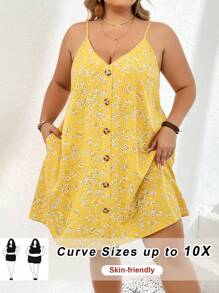 SHEIN CURVE+ Plus Size Women's Spring/Summer Yellow Ditsy Floral Spaghetti Strap Button Decor Casual Dress Boho Vacation,Beach Dress Sundress,Holiday Outfits