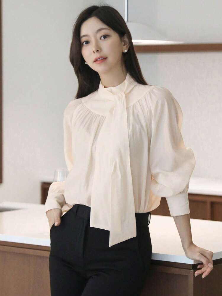 Women Solid Color Long Sleeve Minimalist Stand Collar Casual Top, Daily Wear,Fall Clothes