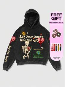 ROMWE MEN Street Life Spring Casual Graphic Men'S Casual Long Sleeve Hoodie With Skull & Letter Print - Black - View 7