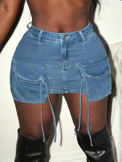 Slaydiva Denim Cargo Pockets Short Bodycon Stylish Mini Skirt