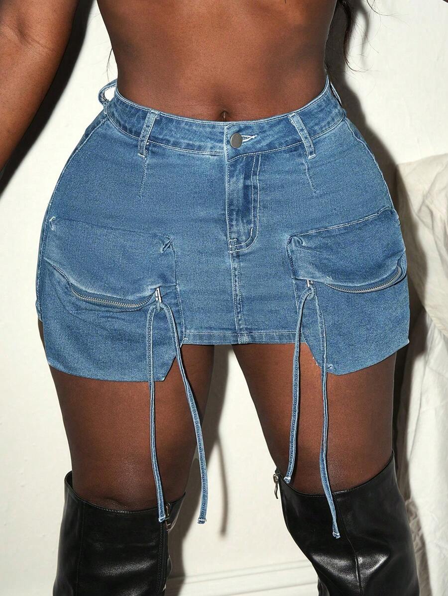 Slaydiva Denim Cargo Pockets Short Bodycon Stylish Mini Skirt - Medium Wash - View 1