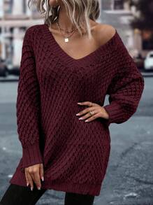 SHEIN LUNE Women's Solid Color V-Neck Long Sleeve Casual Vacation Pullover Sweater