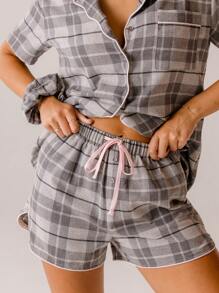 Aralina Cozy Classic Plaid Flannel Short-Sleeve Scallop Short Set With Scrunchie - Multicolor - View 4