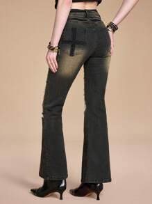 ROMWE Grunge Punk Vintage Patchwork Zebra Print Skinny Flare Leg Women's Jeans - Grey - View 4