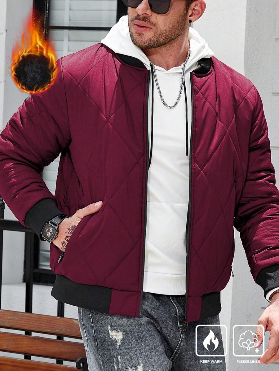 Manfinity Homme Plus Size Men's Solid Color Simple Casual Outdoor Jacket, Winter - Burgundy - View 1