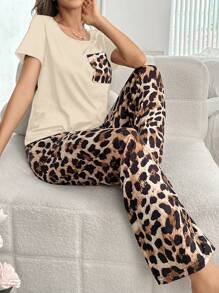 CoupledUp Leopard Pocket Short Sleeve Top And Leopard Print Pants Pajama Set