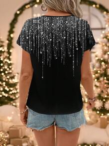 EMERY ROSE Lässige Bluse für Frauen mit Imitations-Strass-Quastenmuster und rundem Ausschnitt, neuer Jahresfeiertags-Oberteil für den Sommer geeignet