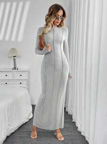 SHEIN LUNE Grey High Neck Back High Slit Quilted Fitted Bodycon Midi Dress,Casual Everyday Autumn Elegant Commute Warm Undershirt Dress For Women - Grey - View 5