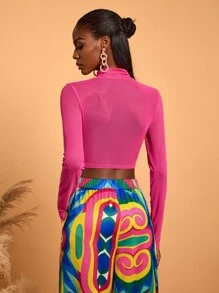 Abeille Creations Designer Boho Bohemian Women's Hot Pink Stand Collar Hollow See-Through Mesh Corset Sexy Short Party Top, For Holiday, Vacation, Spring & Summer, Going Out, Festival, Ibiza Fits