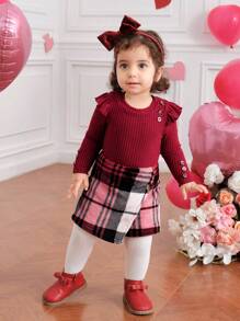 SHEIN Fern Glow  2pcs/Set Baby Girl Valentine's Day Cute Knitted Red Long Sleeve Top And Plaid Elastic Waist Skirt Outfit, Autumn/Winter/Spring
