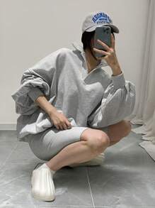 INAWLY Women 2pcs Set Bat Wing Solid Color Sweatshirt And Shorts Lounge Suit, Spring/Autumn - Grey - View 2