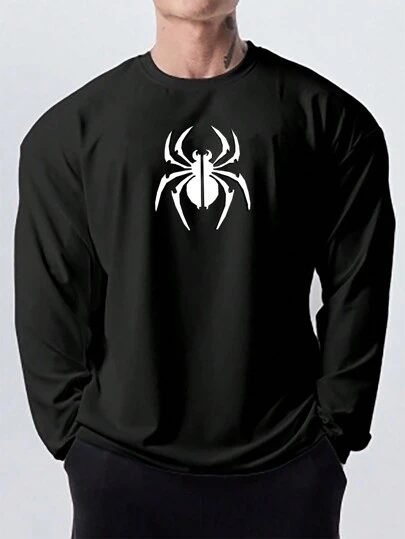Manfinity Sport Corelite 男士圆领黑色长袖蜘蛛印花休闲 T 恤，日常穿着运动上衣秋季透气